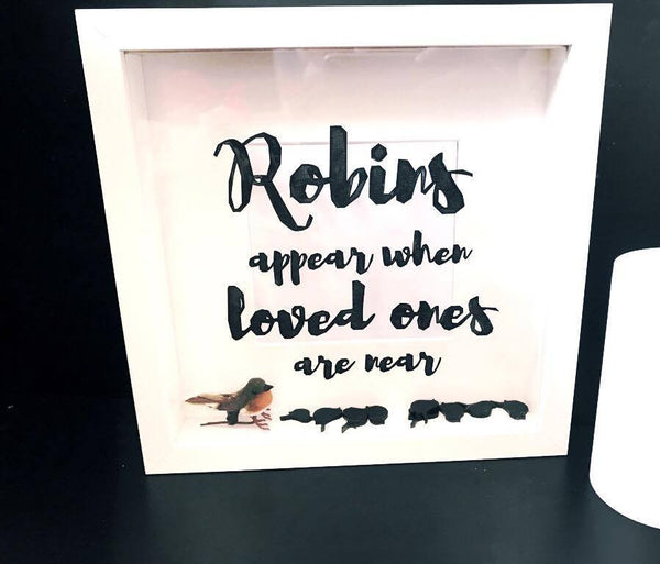 'Robins appear when loved ones are near' photo box frame personalised