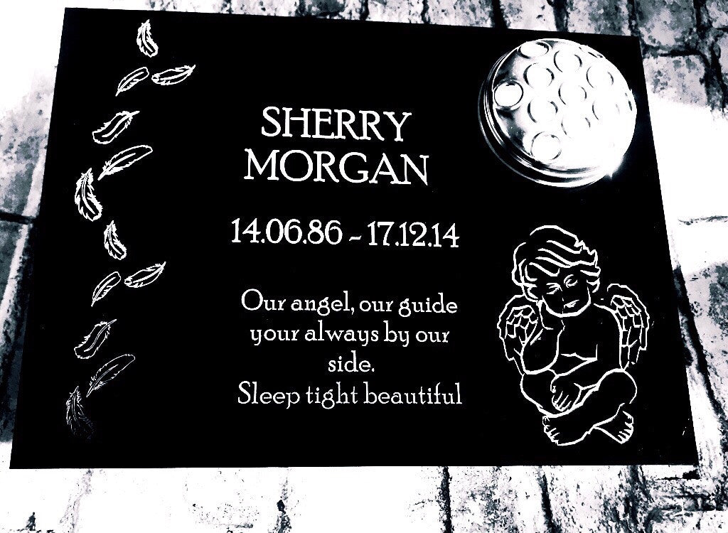 Angel with Feathers Flat Personalised Memorial Grave Marker including Flower Pot