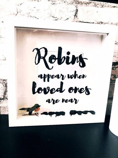 'Robins appear when loved ones are near' photo box frame personalised