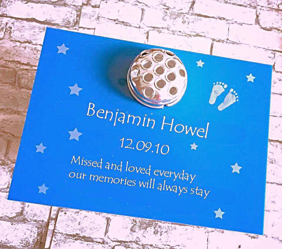 'Footprints and Stars' Personalised Flat Grave Marker including flower pot