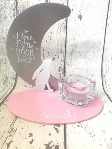 Single tealight holder Hare and moon 'love you to the moon and back'
