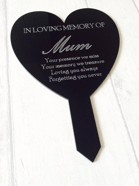 Standard 'Mum' Black Heart Memorial - Non Personalised